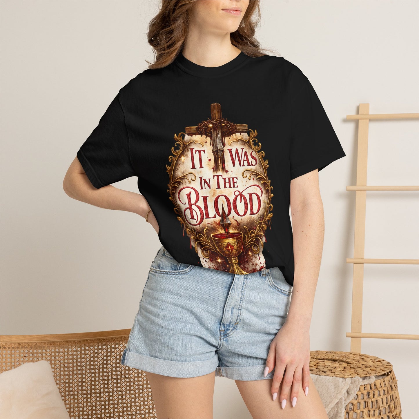 "It Was in the Blood" Cross & Chalice Christian Tee