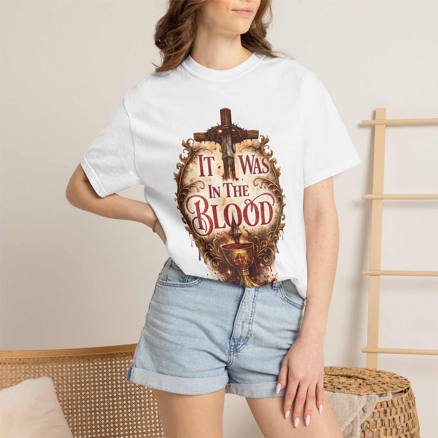 "It Was in the Blood" Cross & Chalice Christian Tee