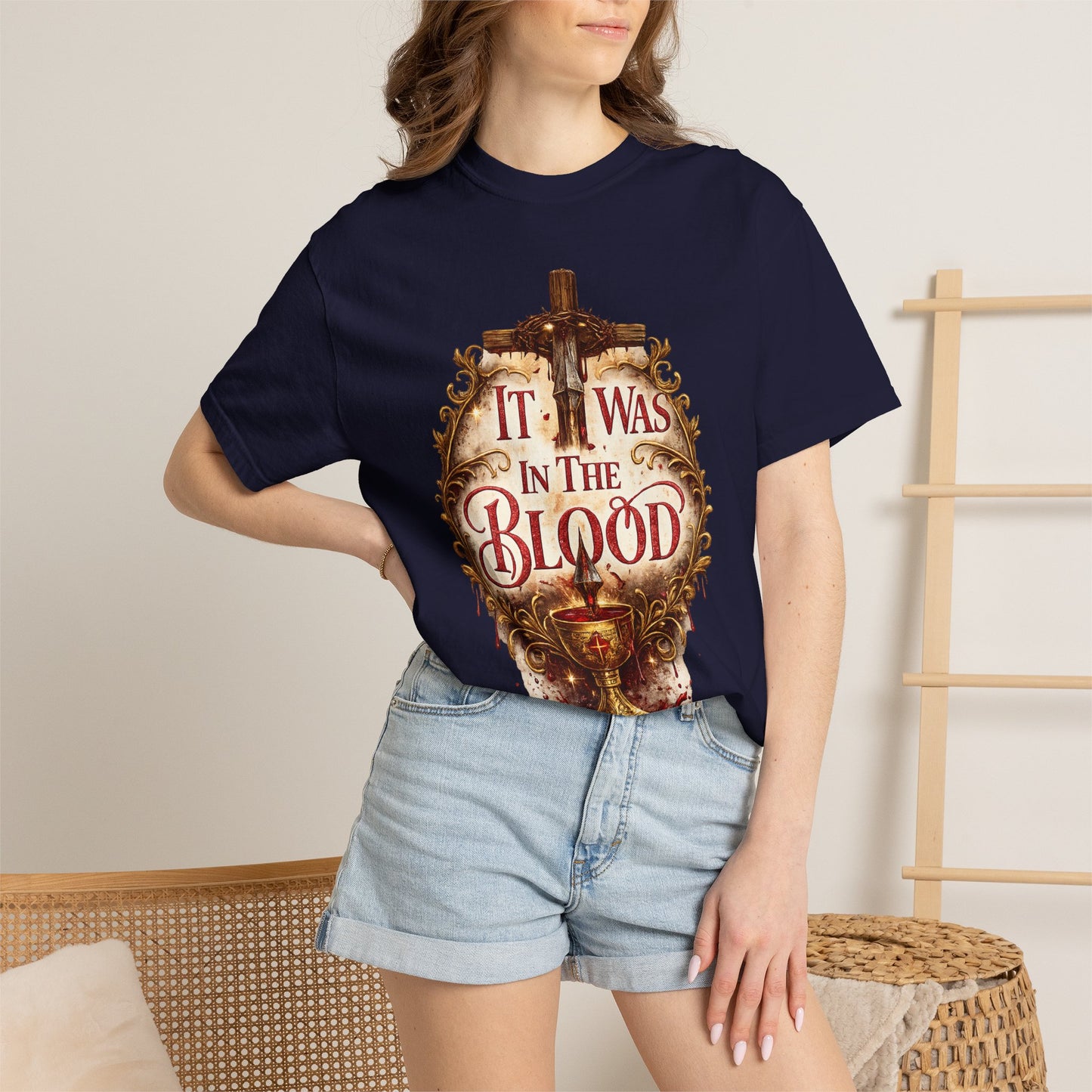"It Was in the Blood" Cross & Chalice Christian Tee
