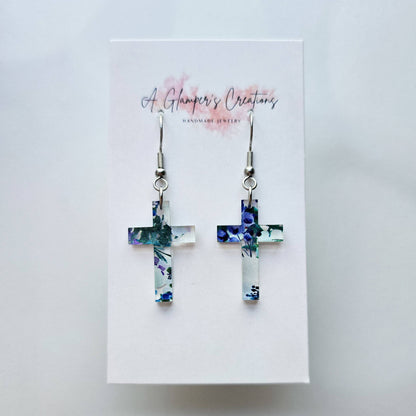 Blueberry Floral Acrylic Cross Earrings