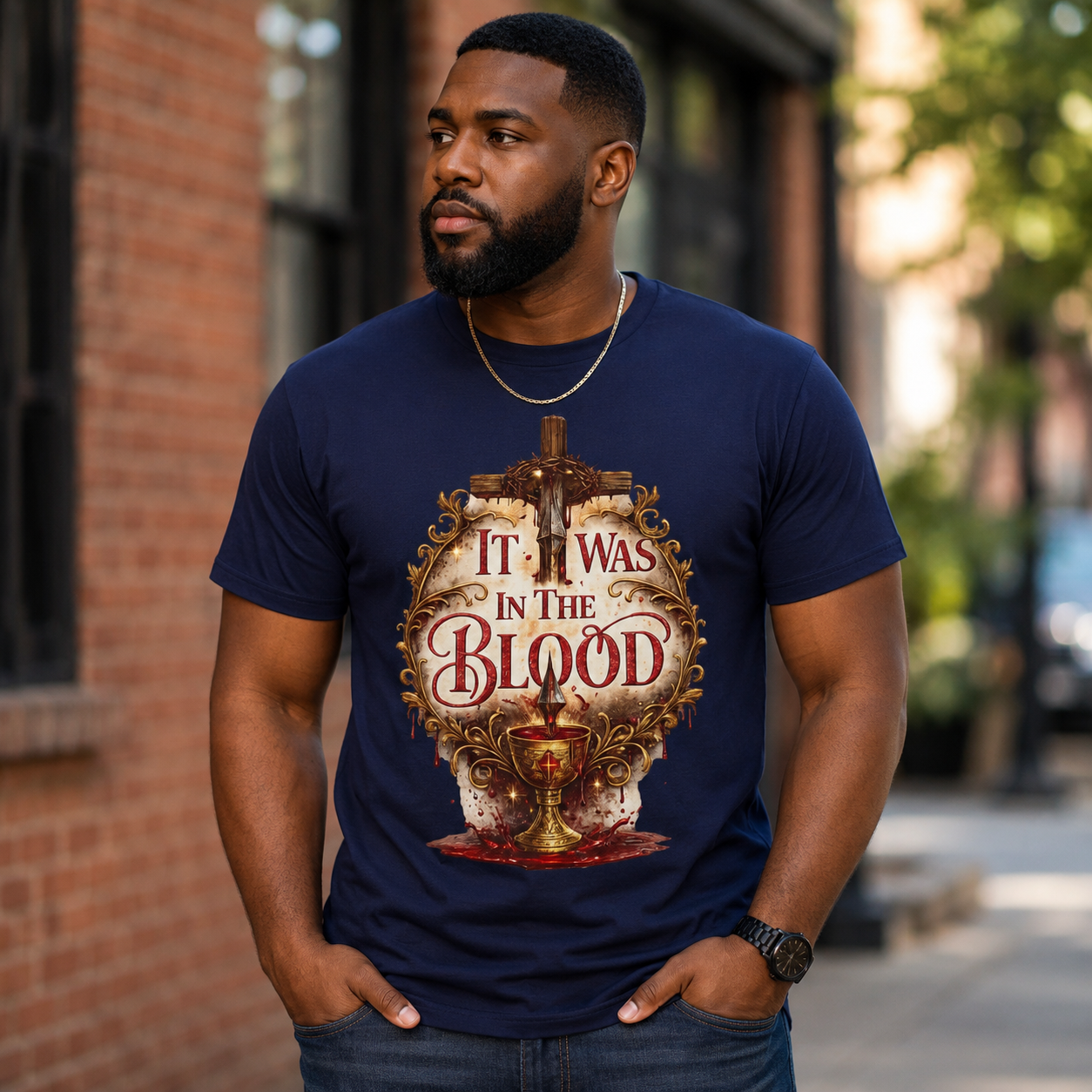 "It Was in the Blood" Cross & Chalice Christian Tee
