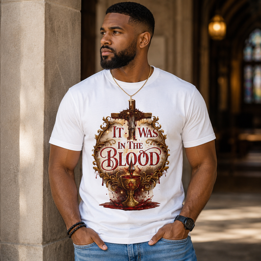"It Was in the Blood" Cross & Chalice Christian Tee