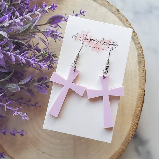 Pastel / Light Lavender Acrylic Cross Earrings
