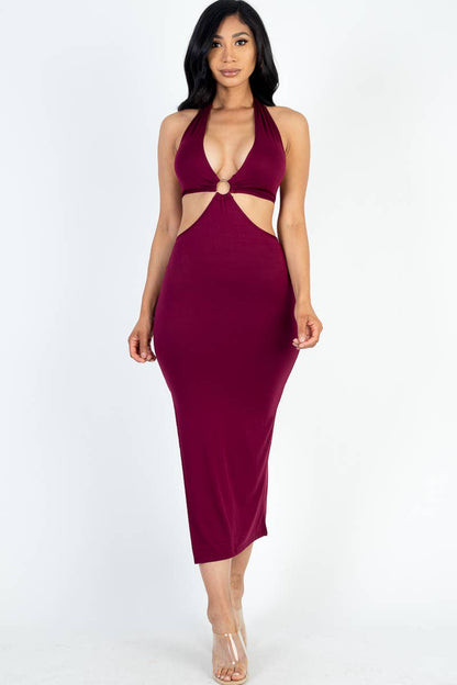 Cut-out Halter Neck Double Back Tie Split Midi Dress