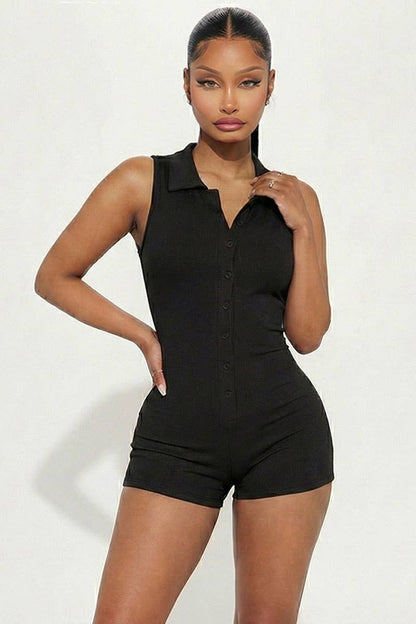 Ribbed Knit Sleeveless Button Front Romper