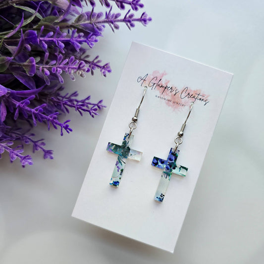 Blueberry Floral Acrylic Cross Earrings