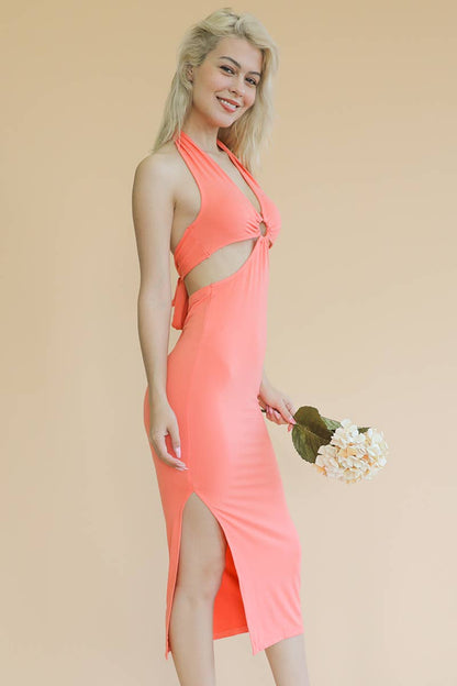 Cut-out Halter Neck Double Back Tie Split Midi Dress