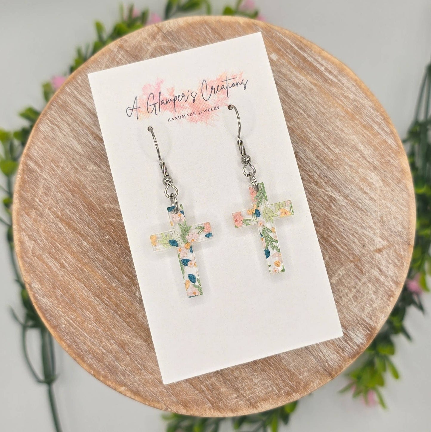 Spring Floral Acrylic Cross Earrings