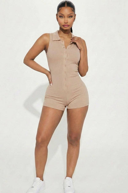 Ribbed Knit Sleeveless Button Front Romper