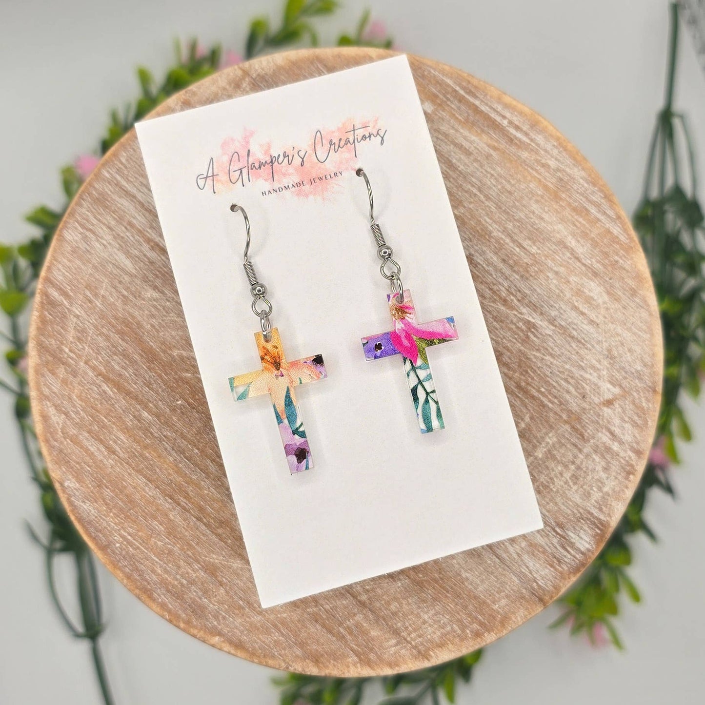 Summer Floral Acrylic Cross Earrings