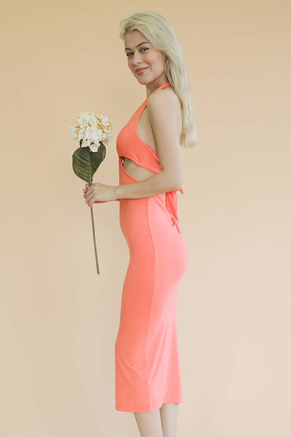 Cut-out Halter Neck Double Back Tie Split Midi Dress