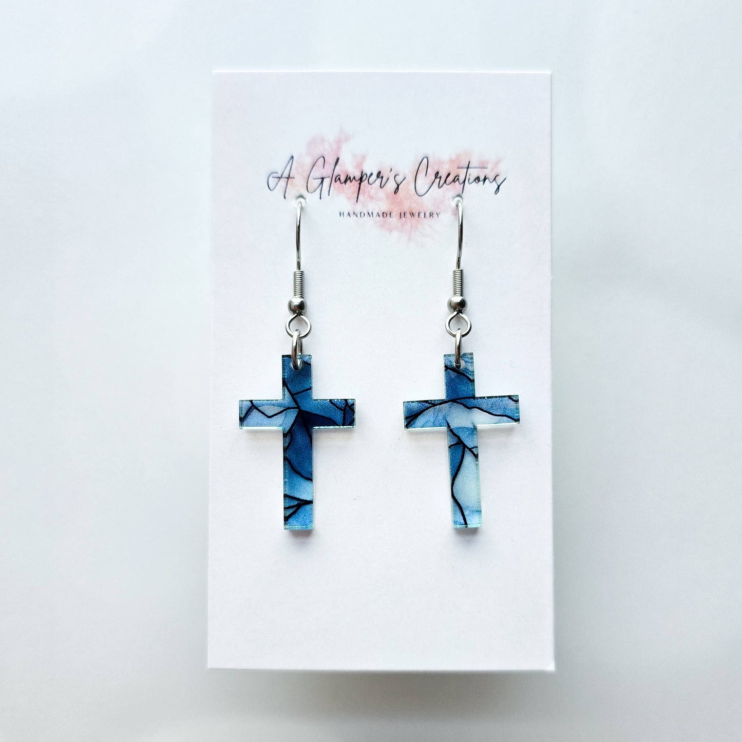 Blue Stained Glass Acrylic Cross Earrings