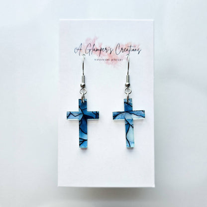 Blue Stained Glass Acrylic Cross Earrings