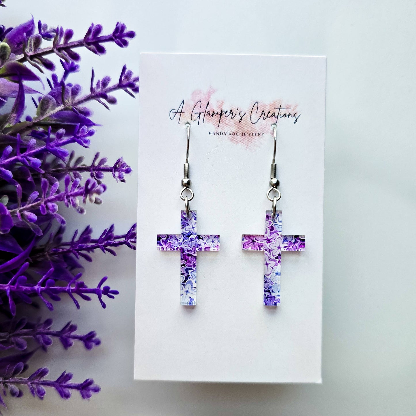 Lilac Floral Acrylic Cross Earrings