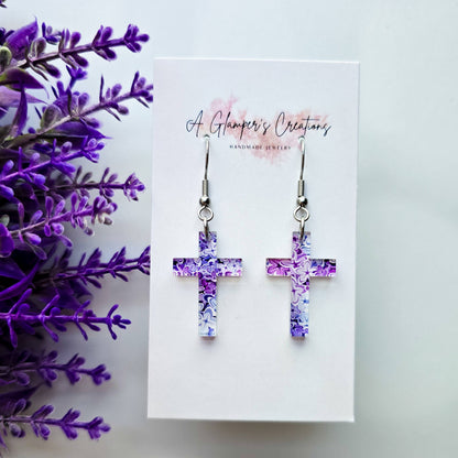 Lilac Floral Acrylic Cross Earrings