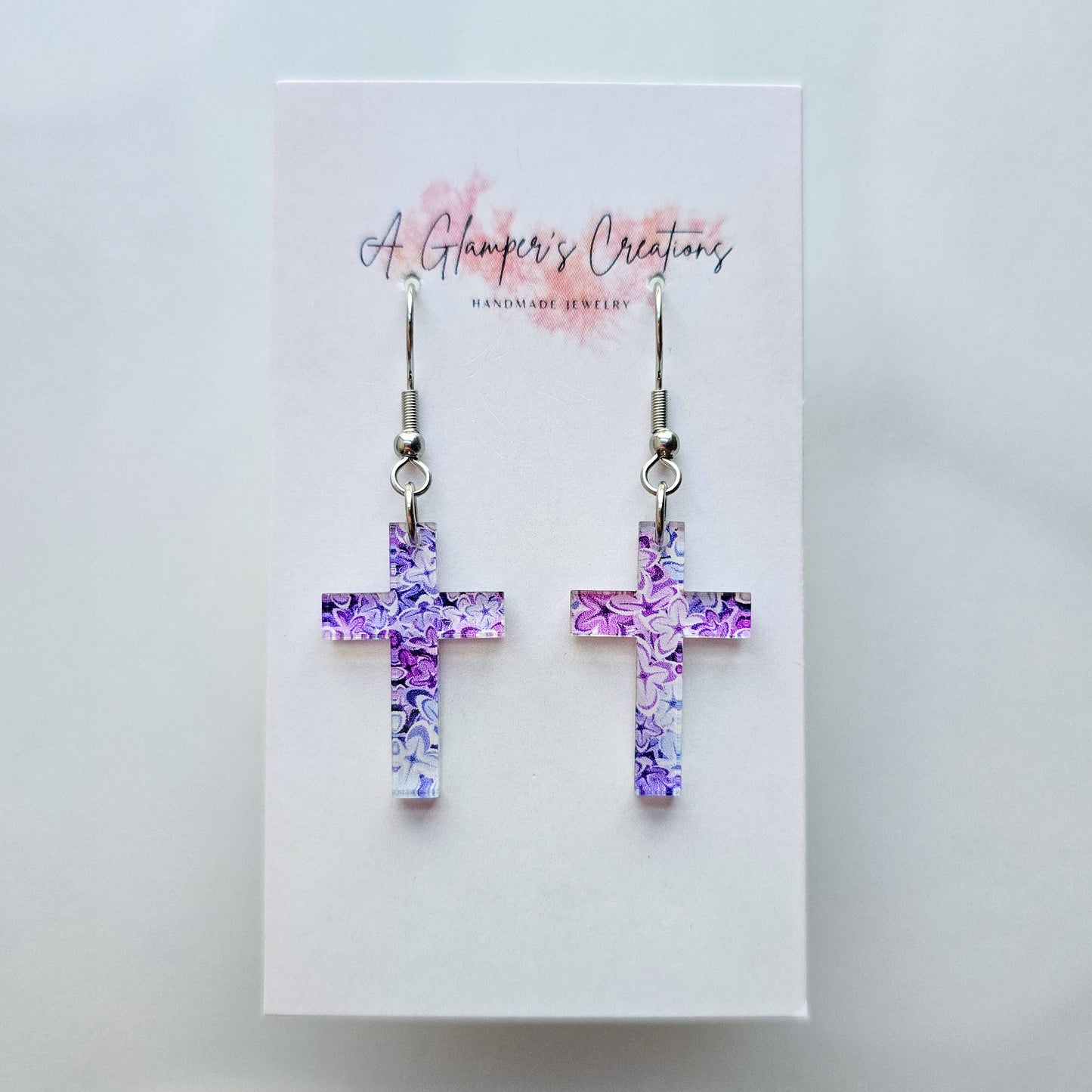 Lilac Floral Acrylic Cross Earrings