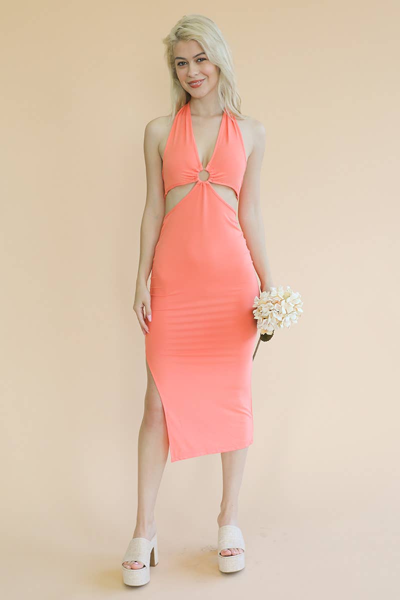 Cut-out Halter Neck Double Back Tie Split Midi Dress