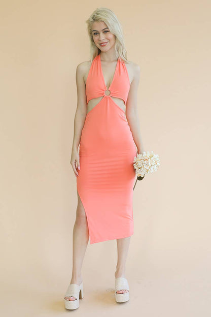 Cut-out Halter Neck Double Back Tie Split Midi Dress