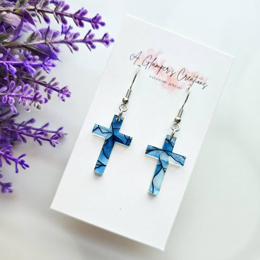 Blue Stained Glass Acrylic Cross Earrings
