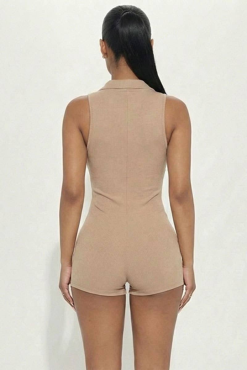 Ribbed Knit Sleeveless Button Front Romper