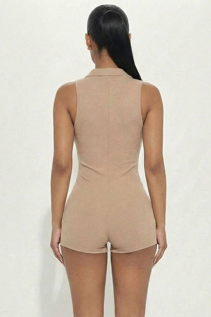 Ribbed Knit Sleeveless Button Front Romper